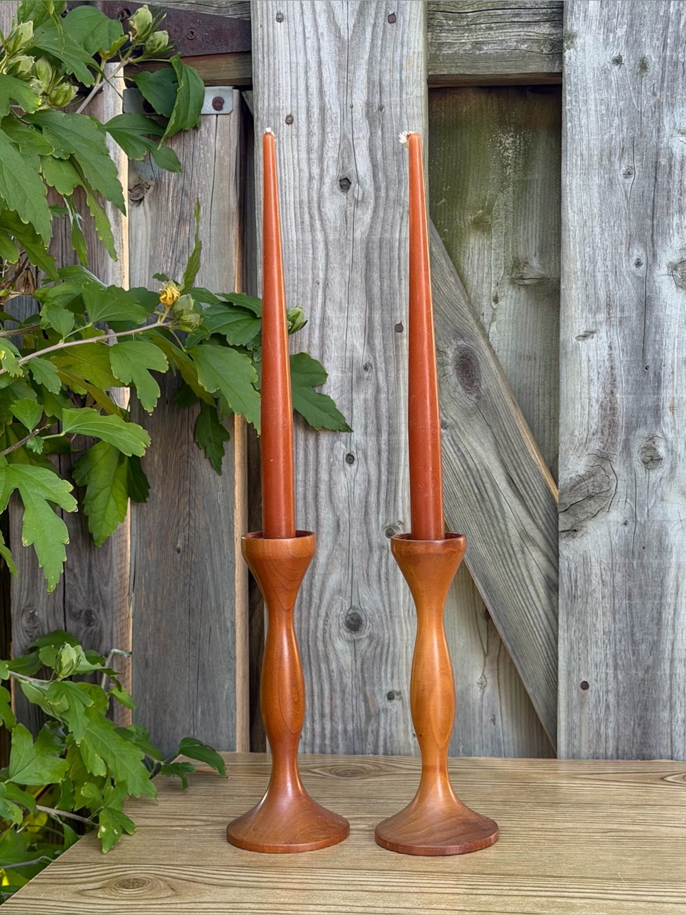 Gorgeous Mid Century Turned Wood Boho 70s Tapered Candlestick Holder Pair 8”